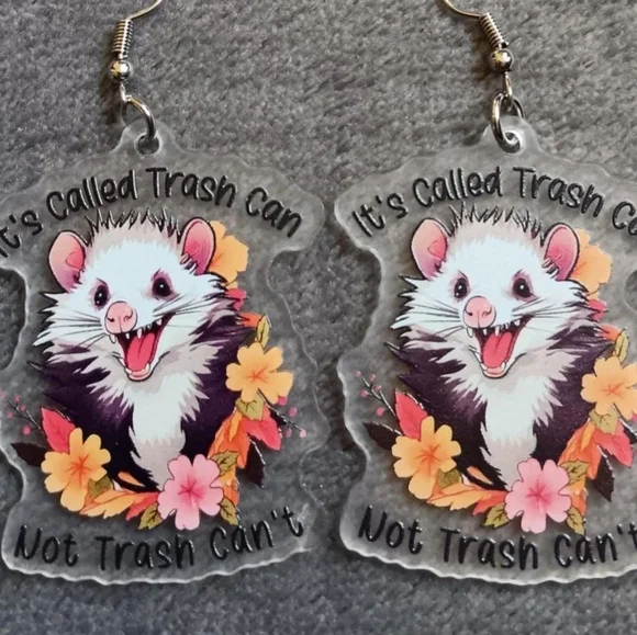 Trashy Opossum Acrylic Earrings, Hook Dangle New, Funny Wildlife Spring Summer - Picture 4 of 4